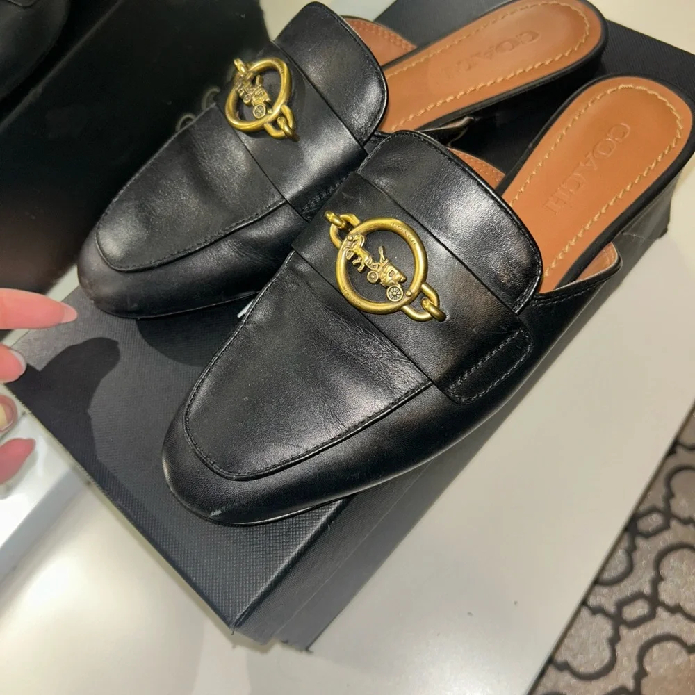 Coach Black Leather Slide Mules with Gold Accent - Picture 3 of 5